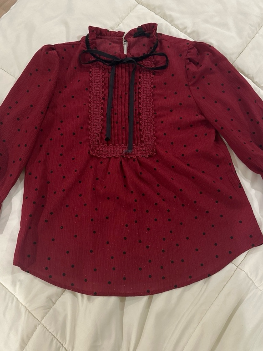 mine Burgundy Polka Dot Tie-Neck Blouse with Black Trim